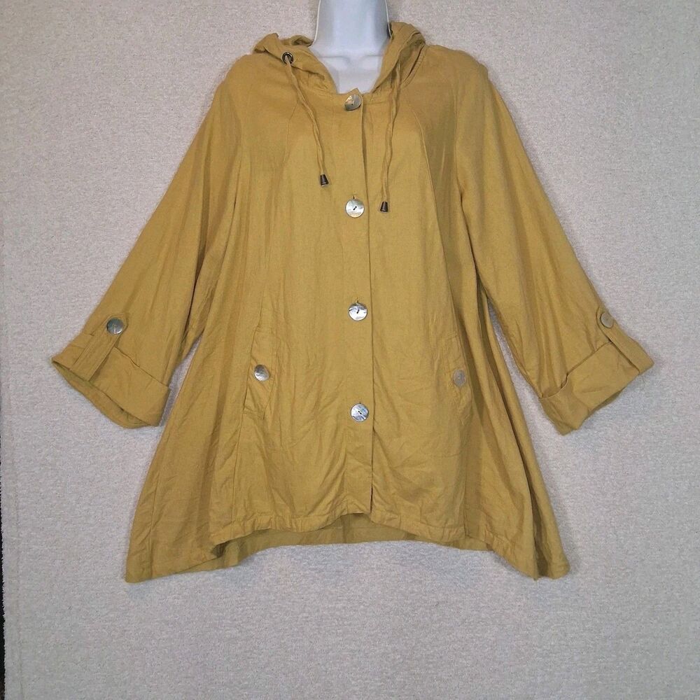 Linen Blend Button Down Hooded Jacket Sz L Oversized Lagenlook Rustic Asymmetric